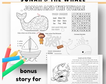Jonah and the Whale Activity Placemat for Kids, Bible Coloring & Sunday School Printable