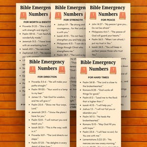 May include: Five rectangular cream-colored cards titled Bible Emergency Numbers, each featuring a small red book icon. The cards list various scripture verses categorized by themes including strength, peace, worth, identity, direction, and hard times.