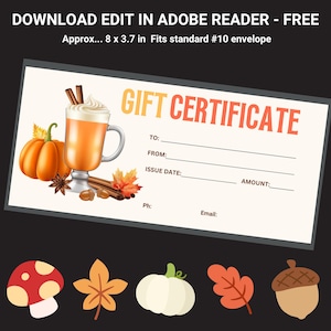 Może przedstawiać: Projekt bonu upominkowego ze słowami "GIFT CERTIFICATE" w kolorze pomarańczowym. Projekt zawiera latte z przyprawą dyniową, dynie i jesienne liście. Certyfikat ma wymiary około 20,3 x 9,4 cm.