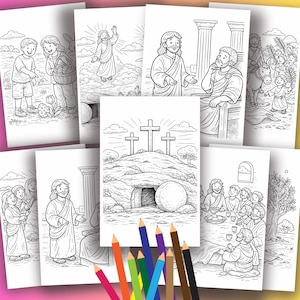 May include: A collection of black and white line art colouring pages featuring religious themes. The illustrations depict scenes such as Jesus, Easter, and other biblical events. Coloured pencils are in the foreground.