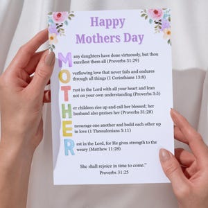 May include: A white card with the words "Happy Mothers Day" and floral accents. The word "MOTHER" is spelled out vertically in colorful letters. Bible verses about mothers are printed below the title.