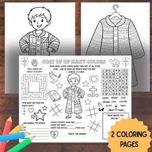 May include: Two coloring pages featuring line drawings of a boy in a patchwork coat and a coat on a hanger. The pages include text, a maze, and word puzzles related to the story of Joseph.