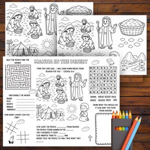 May include: Black and white coloring pages with biblical scenes, including people gathering manna, tents, and a maze. The text includes "Manna in the Desert" and Bible verses. A pencil holder with colored pencils is in the image.