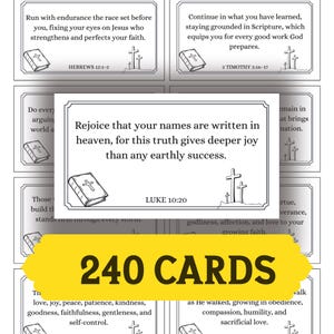 May include: A set of 240 cards with religious quotes and Bible verses. Each card features text, a small illustration of a book and a cross. The cards are white with black text and illustrations, and the set is displayed on a white background.