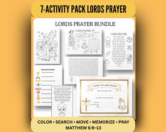 May include: A 7-activity pack Lords Prayer bundle featuring black and white printable sheets with illustrations of children praying, word searches, a prayer with actions guide, and a certificate titled I Learnt The Lords Prayer with a gold border.
