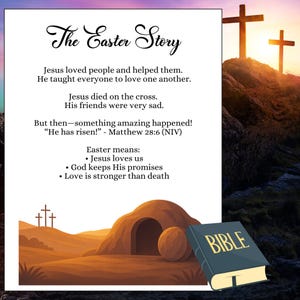 May include: An illustrated graphic with the text "The Easter Story." The image features a Bible, crosses on a hill, and a tomb. The text describes the story of Jesus' death and resurrection, with key Easter meanings.