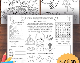 Página para colorear del Padre Nuestro para niños, mantel individual cristiano imprimible, actividad bíblica, diversión para la escuela dominical