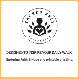 May include: A circular black and white logo with the words "SACRED SELF PRINTABLES" encircling a central design. The design features a silhouette of a person with a heart shape in the chest, surrounded by leaves. Text below reads: "DESIGNED TO INSPIRE YOUR DAILY WALK."
