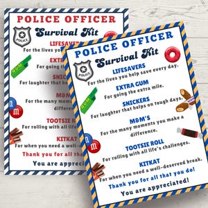 May include: Two Police Officer Survival Kit prints. Each card has a blue and yellow striped border and includes a police badge graphic, and the text "LIFESAVERS", "EXTRA GUM", "SNICKERS", "M&M'S", "TOOTSIE ROLL", and "KITKAT".