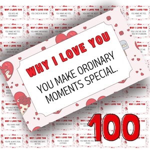 Puede incluir: Un juego de 100 tarjetas con el texto "Por qué te amo" en rojo. Cada tarjeta tiene una razón diferente, como "Me haces sentir deseado" y "Haces que los momentos ordinarios sean especiales". Las tarjetas están decoradas con pequeños corazones rojos.