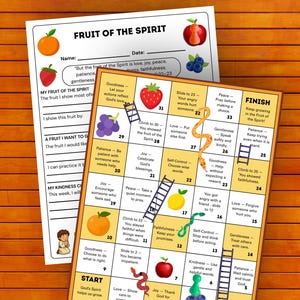 May include: A Fruit of the Spirit board game with a grid of numbered squares featuring illustrations of fruits, ladders, and snakes, alongside a worksheet titled Fruit of the Spirit with spaces for a name, date, and written reflections.