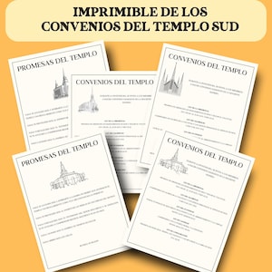 May include: A collection of white paper documents with text and architectural illustrations, arranged on a yellow background. The documents feature the text "PROMESAS DEL TEMPLO" and "CONVENIOS DEL TEMPLO" in Spanish. The top of the image reads "IMPRIMIBLE DE LOS CONVENIOS DEL TEMPLO SUD."