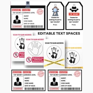 Editable Detective Badge & Spy Party Kit, Secret Agent ID Cards, Tags, Hand Scan Posters