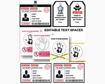 Editable Detective Badge & Spy Party Kit, Secret Agent ID Cards, Tags, Hand Scan Posters