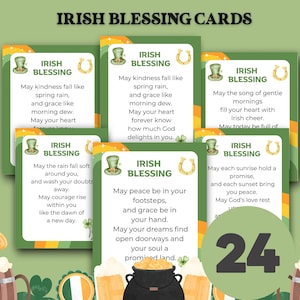 Puede incluir: Un conjunto de tarjetas de Bendición Irlandesa con bordes verdes y texto. Cada tarjeta presenta una bendición diferente, una herradura e ilustración de sombrero de duende. El número "24" se muestra en un círculo verde.