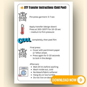 Instruções de cuidado DTF | Cartão de instruções de transferência DTF | Download digital | Instruções DTF | Download de cuidados com a camisa
