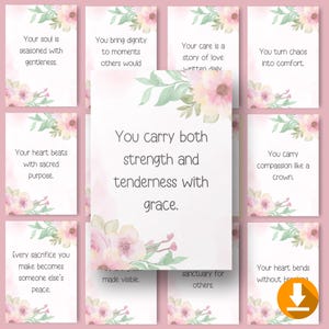 May include: A collection of cards with inspirational quotes and floral designs. Each card features a different message in a white font against a soft pink background. The cards are decorated with watercolor-style flowers and green leaves.