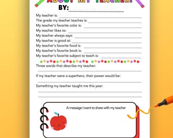 All About My Teacher Printable Worksheet, Teacher Appreciation Gift from Kids, End of Year Keepsake