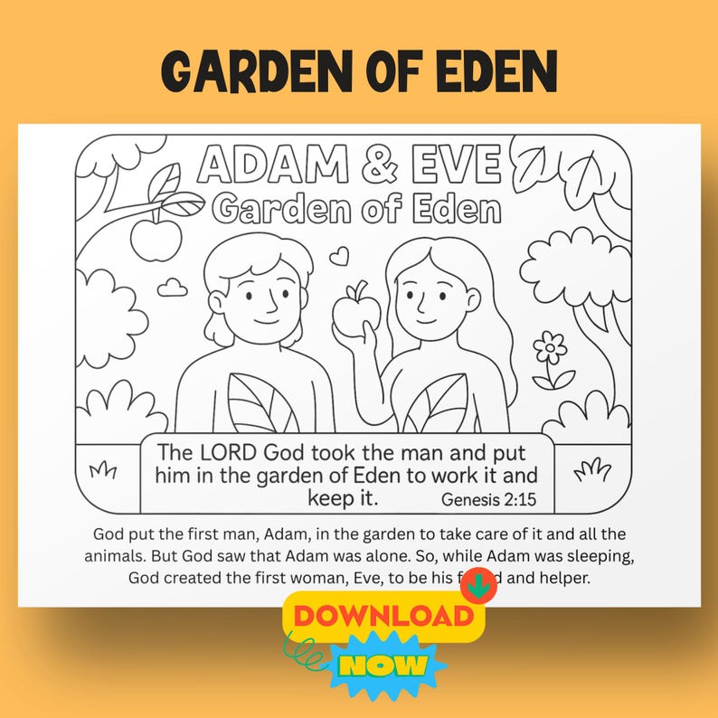 ADAM & EVE Garden of Eden Bible Verse Coloring in Sheet Activity for ...