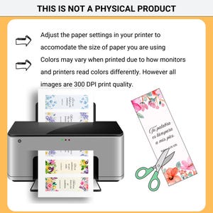 May include: A printer is shown with printed bookmarks featuring floral designs and text. The text on the bookmarks reads "Tu palabra es l&aacute;mpara a mis pies." Scissors are cutting a bookmark. The image also includes the text "THIS IS NOT A PHYSICAL PRODUCT."