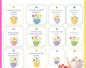 Etiquetas para bolsitas de té con versículos bíblicos: recuerdos imprimibles para eventos o retiros religiosos.