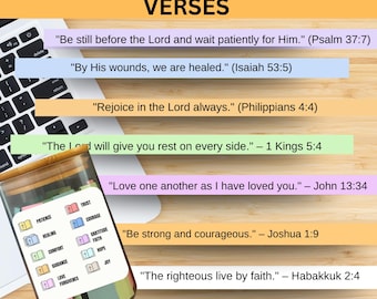 印刷可能な祈りの瓶、DIY聖書詩集キット、感情サポートカード、クリスチャンギフト用ダウンロード