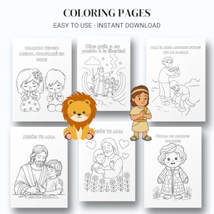 May include: A collection of coloring pages with religious themes. The pages feature line drawings of biblical scenes and characters, including Jesus, children, and inspirational quotes. The text "COLORING PAGES" and "EASY TO USE - INSTANT DOWNLOAD" are at the top.