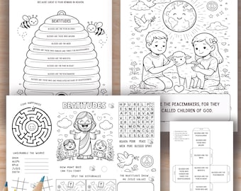 Páginas para colorear de las Bienaventuranzas: actividades divertidas e imprimibles con versículos bíblicos para niños y manualidades para la escuela dominical.