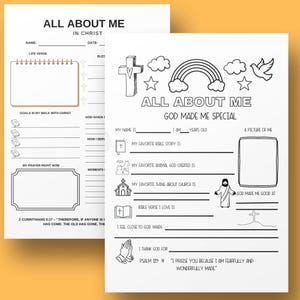May include: Two-page black and white printable journal titled "All About Me" with fill-in sections. Includes prompts for name, life verse, goals, and prayers. Features illustrations of a cross, rainbow, dove, and Jesus.