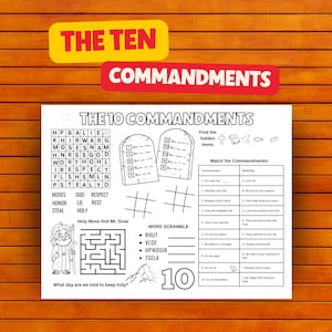 May include: A black and white activity sheet titled THE 10 COMMANDMENTS featuring a word search, a maze with a cartoon figure of Moses, a word scramble, and a matching exercise. The page includes illustrations of two stone tablets and the number 10.