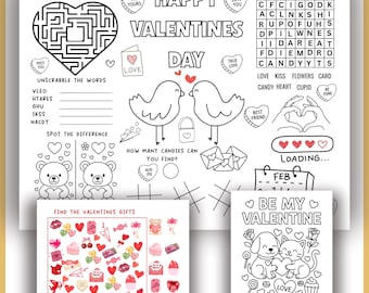 Valentine's Day Activity Page For Kids - Printable Custom Valentine Coloring Placemat - Valentine Party Craft Activity Sheet