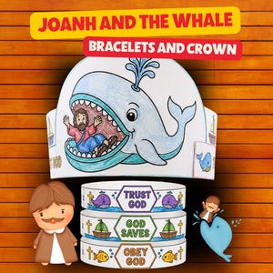 Può includere: Una corona di carta con una balena blu e una figura nella sua bocca, etichettata JOANH AND THE WHALE BRACELETS AND CROWN. Tre braccialetti bianchi riportano i testi TRUST GOD, GOD SAVES e OBEY GOD, con illustrazioni di balene, navi e pesci.
