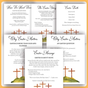 May include: A collection of Easter-themed cards with religious messages. The cards feature text about hope, the Easter story, and the meaning of Easter. Cross illustrations are also present.