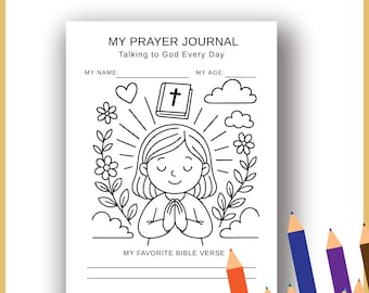 Op de afbeelding: Zwart-wit printbaar gebedsdagboek met de tekst "MY PRAYER JOURNAL Talking to God Every Day". Het dagboek bevat ruimte voor naam, leeftijd en favoriete Bijbelvers. De omslag toont een biddend meisje met een kruis en bloemmotieven. Het dagboek is A4-formaat.