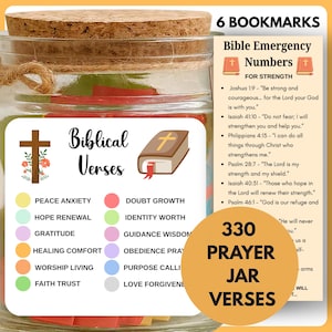 May include: A glass jar with a cork lid, filled with colourful slips of paper. The jar is labelled "Biblical Verses" and includes a list of topics. A separate card lists Bible verses for strength. A circular label reads "330 Prayer Jar Verses."