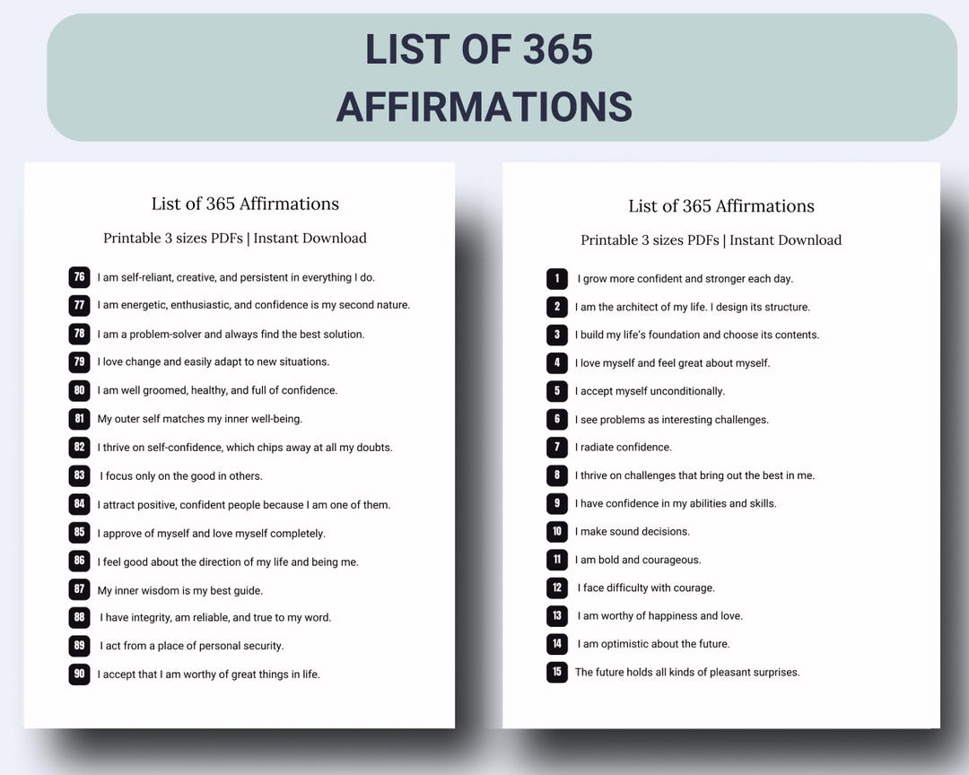 List of 365 Affirmations - Daily Positive Affirmations - A4 PDF Instant ...