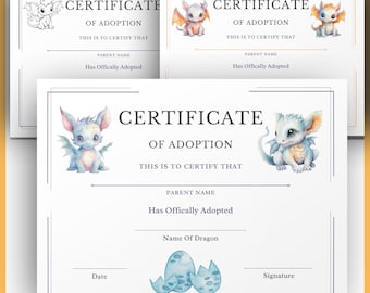 Editable Dragon Adoption Form - Birthday Party Certificate Template - Printable Gift for Kids Fantasy Them