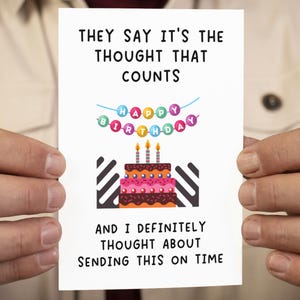 Tarjeta de cumpleaños atrasada, divertida tarjeta de cumpleaños atrasada, tarjeta de disculpa por cumpleaños perdido, diseño lindo y peculiar
