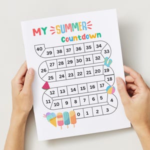 Calendario de vacaciones imprimible para niños: Cuenta regresiva para las vacaciones de verano, seguimiento de vacaciones, actividades divertidas y planificador de vacaciones en PDF.