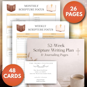 May include: A collection of Christian journaling and planning materials. Includes a 52-week scripture writing plan, weekly and monthly scripture focus pages, and 48 cards. The pages feature open books with crosses and the text "The Word Fulfilled".