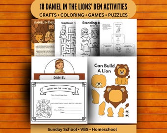 Puede incluir: Una colección de 18 hojas de actividades sobre Daniel en el foso de los leones que incluye manualidades, páginas para colorear, juegos y rompecabezas. El set presenta ilustraciones en blanco y negro, un cubo de papel, un diploma y un león.