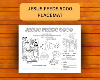 Jesus Feeds 5000 - Loaves Fishes Coloring Placemat - Bible Story Printable - Sunday School Activity