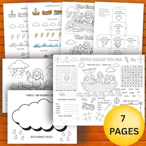 May include: A collection of 7 black and white activity pages with illustrations of Jesus calming the sea, including a maze, word search, and coloring pages. The pages feature text and drawings of boats, fish, and clouds.