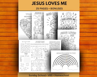 May include: A collection of black and white printable coloring pages titled JESUS LOVES ME 25 PAGES + BONUSES. The sheets feature religious illustrations including a heart, children, Jesus, a rainbow, and activities like a maze and word search.