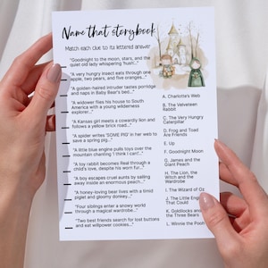 May include: A printable game card with a whimsical illustration of a snowy village and a list of children's book titles and clues to match them. The game is called "Name that Storybook".
