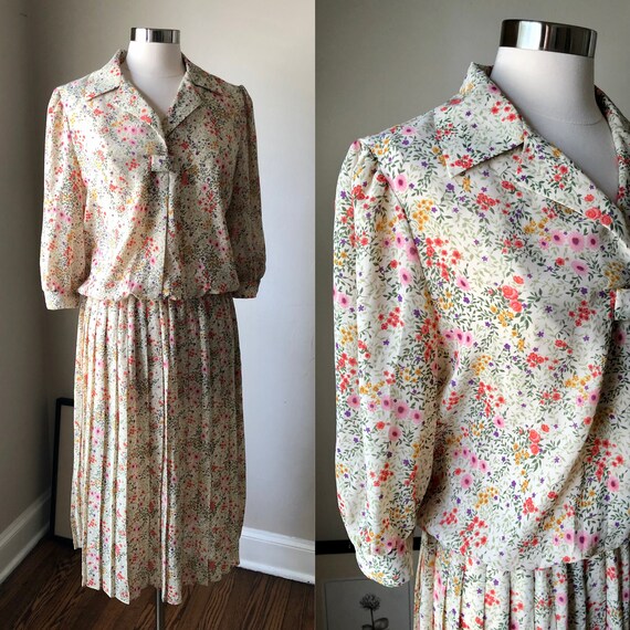 80s Vintage Plus Size Pattern Pleated Dress with Belt Womens Size 18 Breli Originals Flowers Design Work Wear