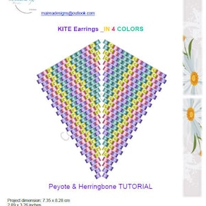Peut inclure: Tutoriel pour la création de boucles d'oreilles en forme de cerf-volant en quatre couleurs, utilisant les techniques Peyote et Herringbone. Dimensions du projet : 7,35 x 8,28 cm. Les boucles sont faites de perles roses, violettes, bleues et jaunes.