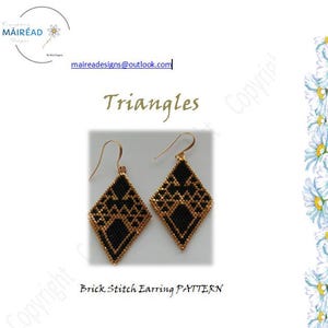 May include: Gold-toned earrings with black beadwork in a geometric triangle pattern. The earrings have a diamond shape with a brick stitch design. The image also includes the text "Triangles" and "Brick Stitch Earring Pattern".