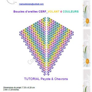 Peut inclure: Un tutoriel de boucles d'oreilles avec un motif géométrique coloré en nuances de violet, rose, jaune et bleu. Le motif est en chevrons. Les dimensions du projet sont de 7,35 x 8,28 cm.