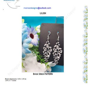 May include: Black and white beaded earrings with a brick stitch pattern. The earrings are teardrop-shaped and hang from silver hooks. The pattern is a repeating design of black and white beads. The project dimensions are 1.94 x 0.77 inches.